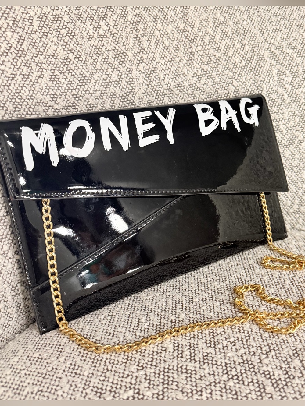 Black Patent 'Money Bag' Chain Shoulder Clutch